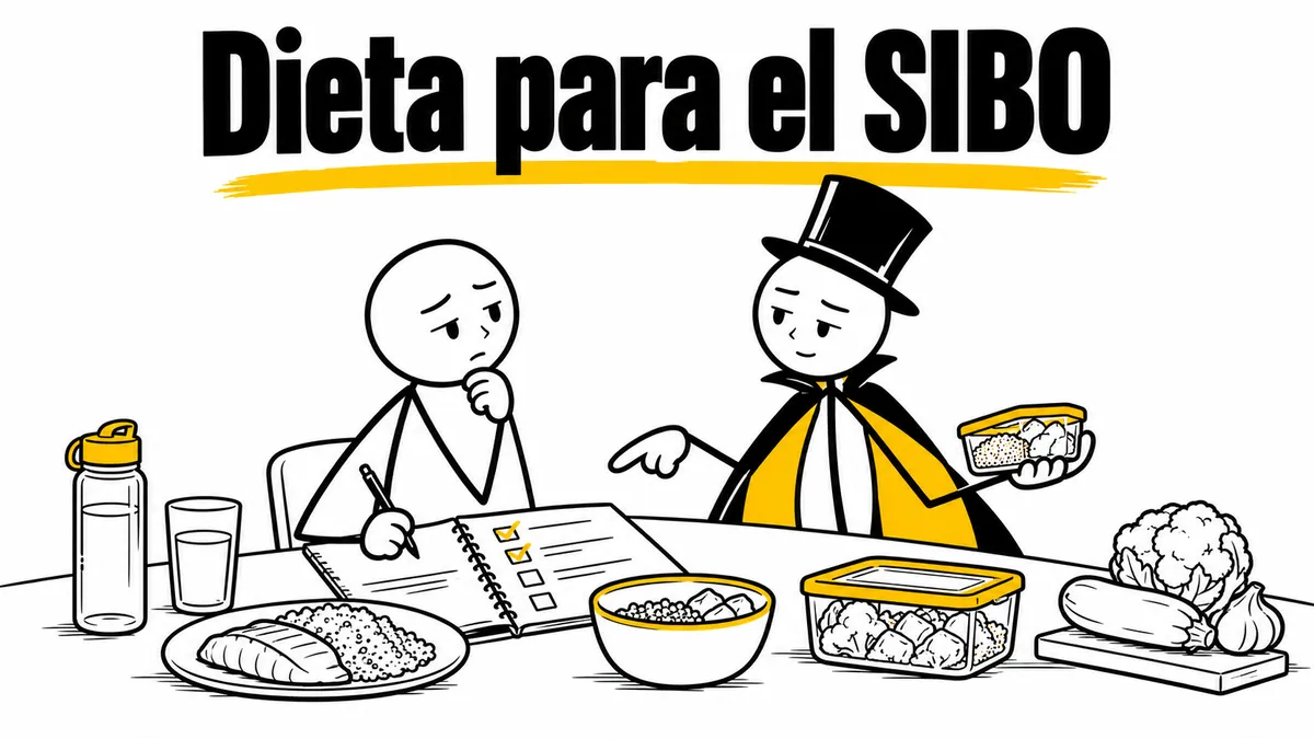 Ilustración sobre «Dieta para el SIBO» con el personaje de sombrero de copa y capa.
