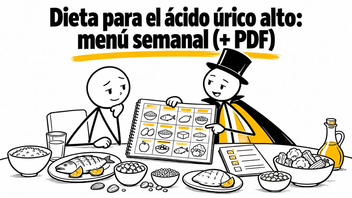 Ilustración sobre «Dieta para el ácido úrico alto: menú semanal (+ PDF)» con el personaje de sombrero de copa y capa.