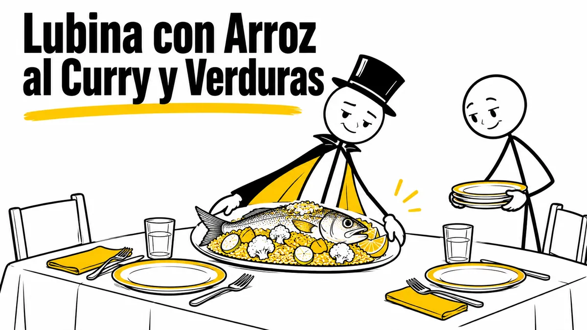 Ilustración sobre «Lubina con Arroz al Curry y Verduras» con el personaje de sombrero de copa y capa.
