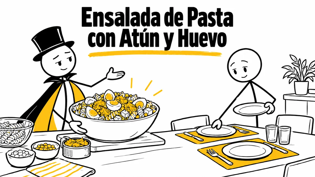 Ilustración sobre «Ensalada de Pasta con Atún y Huevo» con el personaje de sombrero de copa y capa.