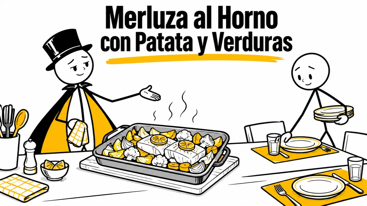Ilustración sobre «Merluza al Horno con Patata y Verduras» con el personaje de sombrero de copa y capa.