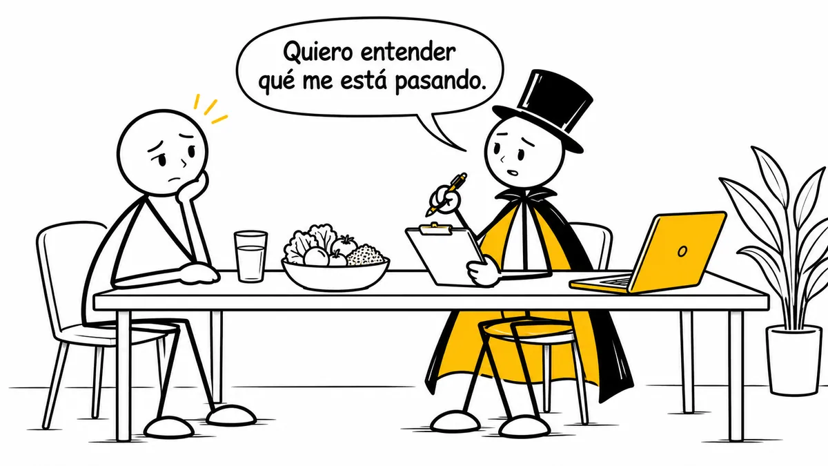 Viñeta sobre «Dieta para intestino inflamado: síntomas y menú (+ PDF)»: «Quiero entender qué me está pasando.».