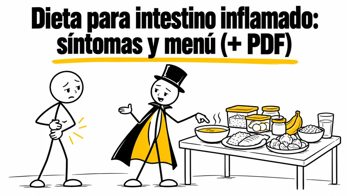 Ilustración sobre «Dieta para intestino inflamado: síntomas y menú (+ PDF)» con el personaje de sombrero de copa y capa.