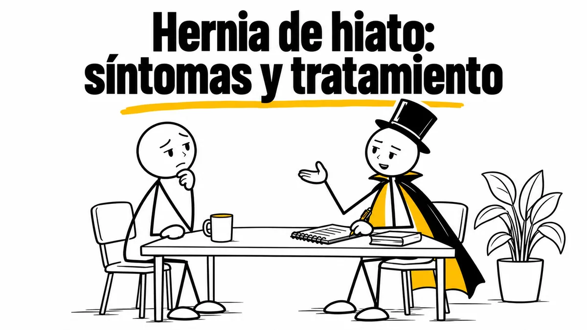 Ilustración sobre «Hernia de hiato: síntomas y tratamiento» con el personaje de sombrero de copa y capa.