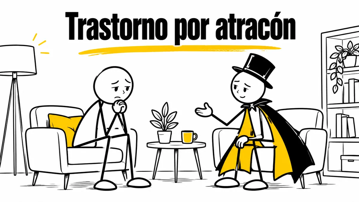 Ilustración sobre «Trastorno por atracón» con el personaje de sombrero de copa y capa.