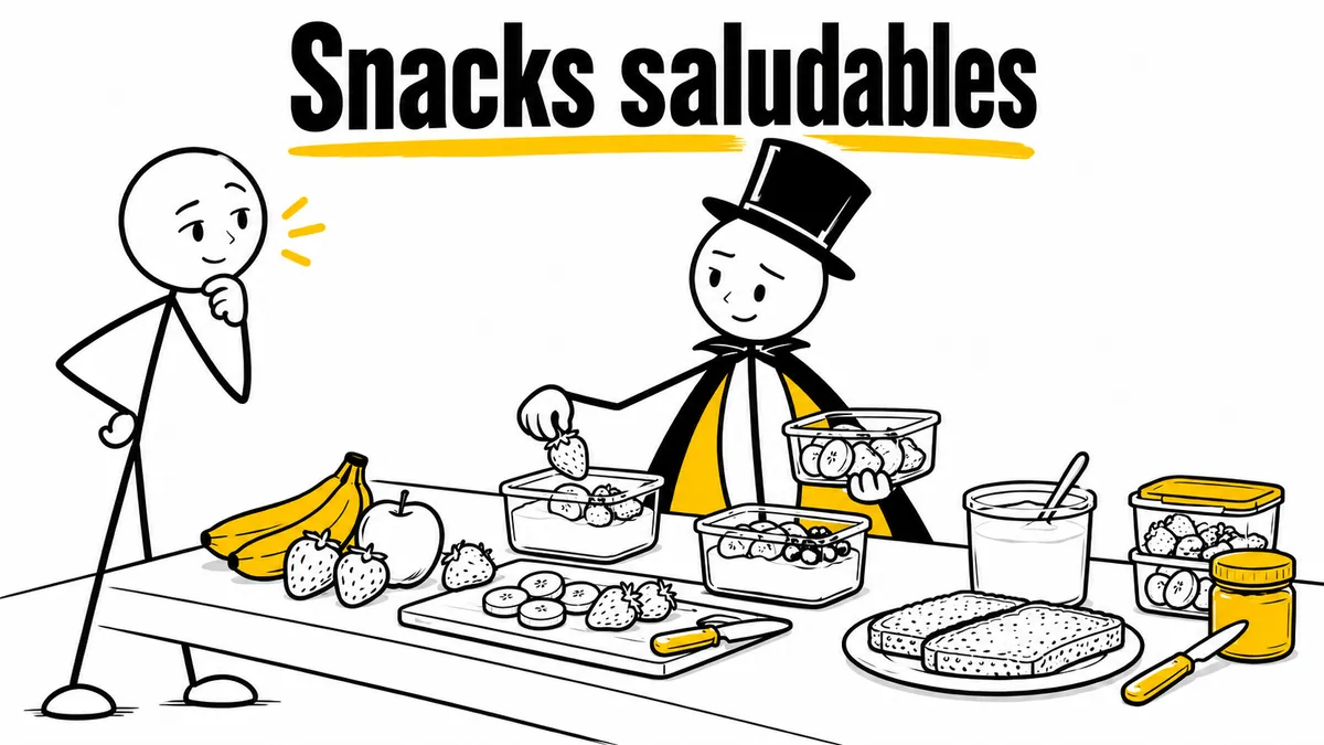 Ilustración sobre «Snacks saludables» con el personaje de sombrero de copa y capa.