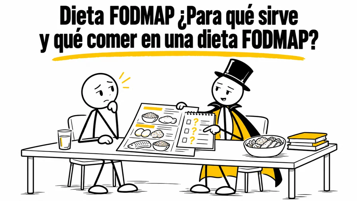 Ilustración sobre «Dieta FODMAP ¿Para qué sirve y qué comer en una dieta FODMAP?» con el personaje de sombrero de copa y capa.