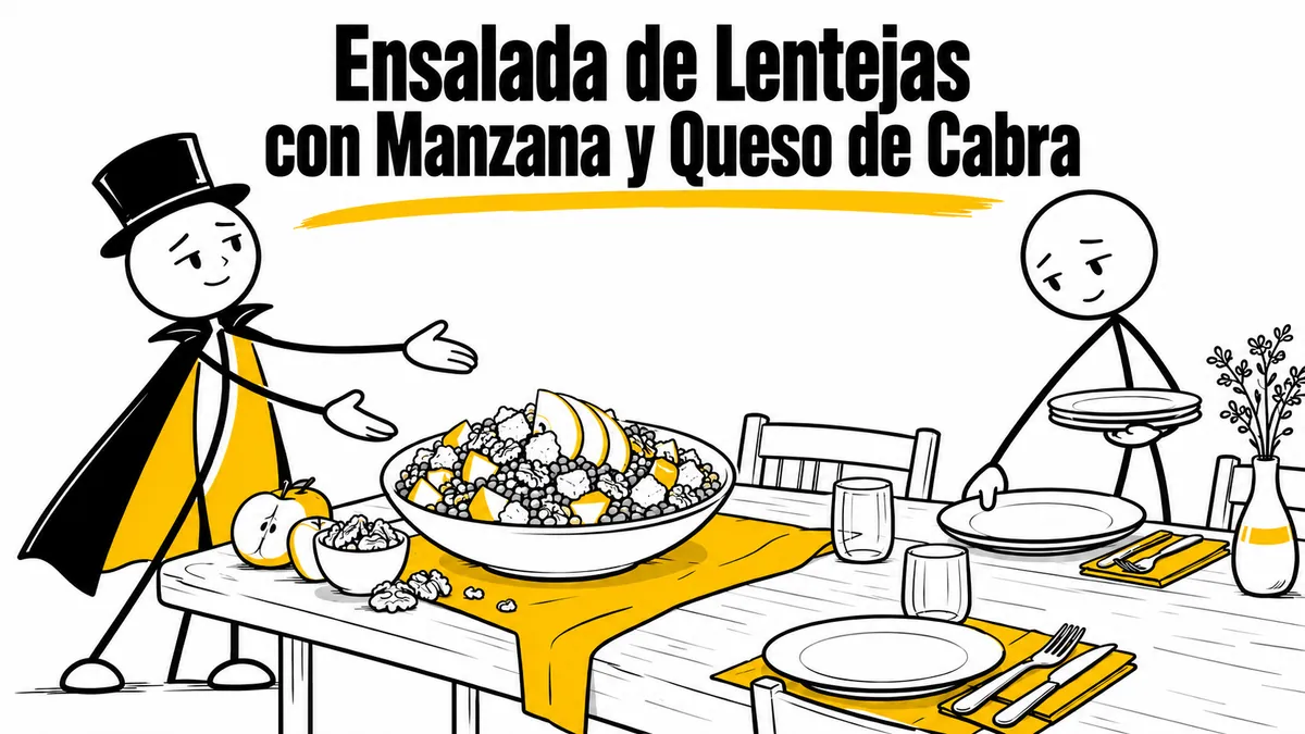 Ilustración sobre «Ensalada de Lentejas con Manzana y Queso de Cabra» con el personaje de sombrero de copa y capa.