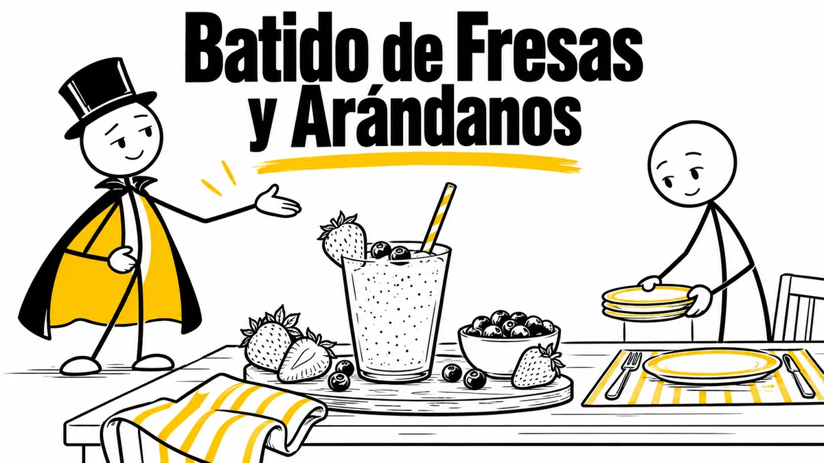 Ilustración sobre «Batido de Fresas y Arándanos» con el personaje de sombrero de copa y capa.