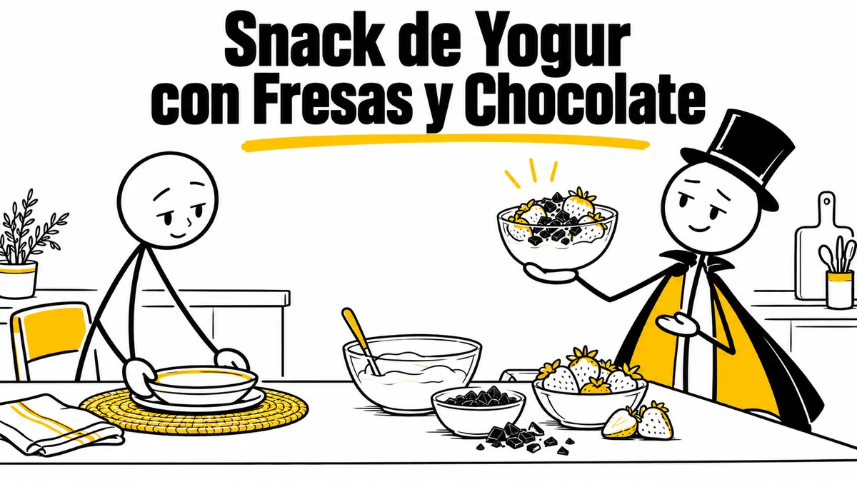 Ilustración sobre «Snack de Yogur con Fresas y Chocolate» con el personaje de sombrero de copa y capa.
