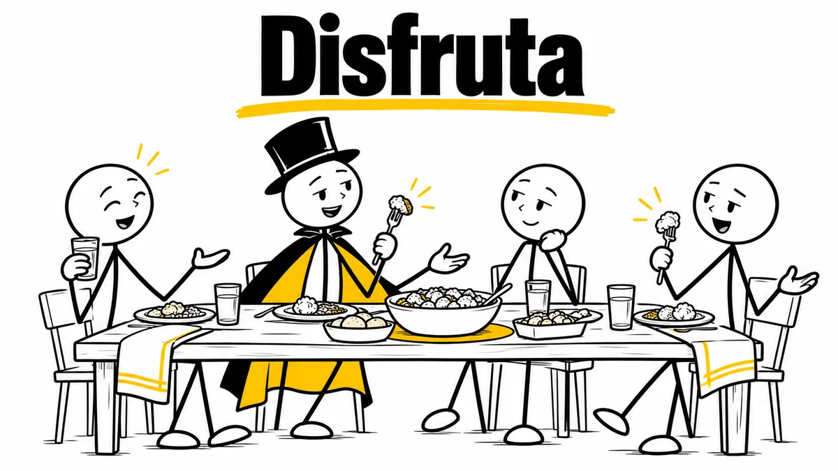 Ilustración sobre «Disfruta» con el personaje de sombrero de copa y capa.