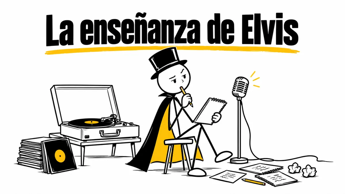 Ilustración sobre «La enseñanza de Elvis» con el personaje de sombrero de copa y capa.