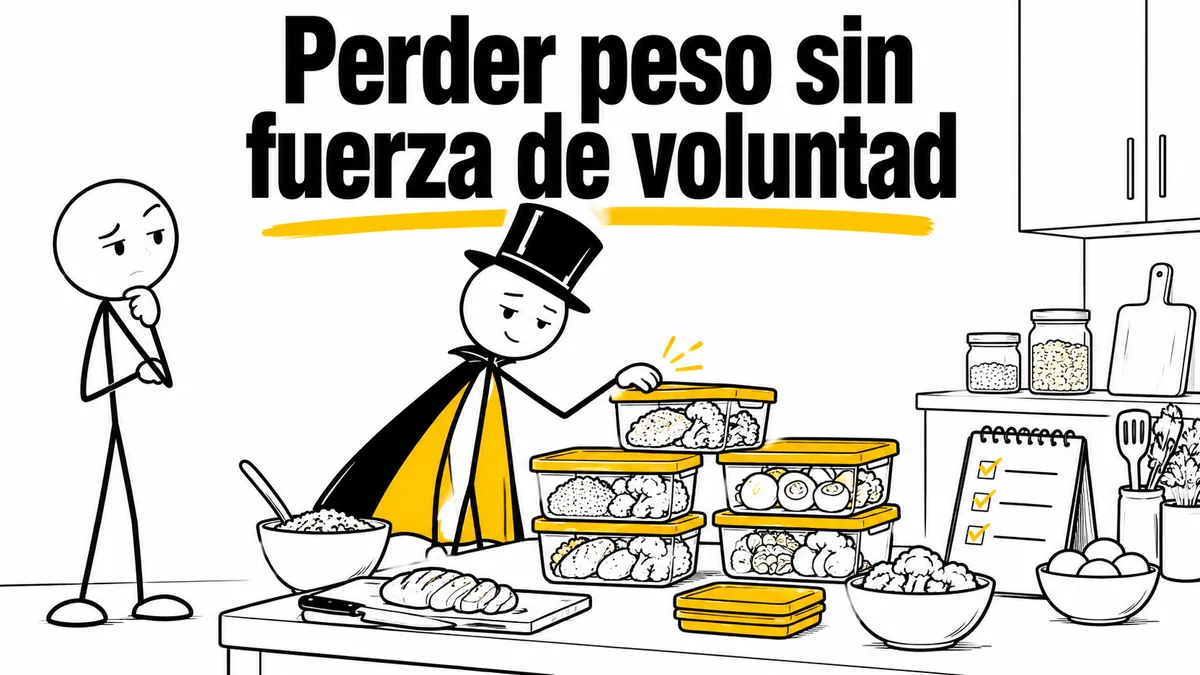 Ilustración sobre «Perder peso sin fuerza de voluntad» con el personaje de sombrero de copa y capa.