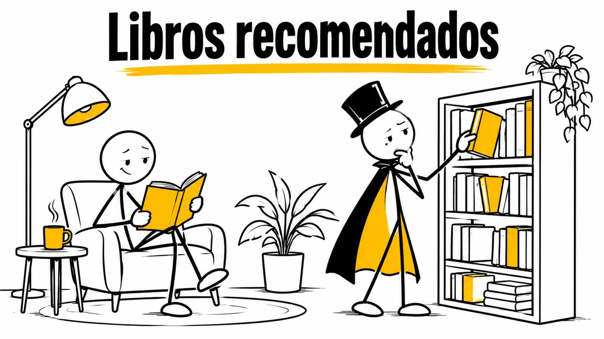 Ilustración sobre «Libros recomendados» con el personaje de sombrero de copa y capa.