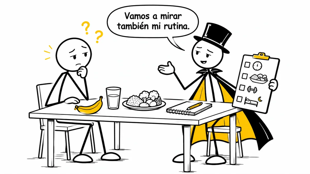 Viñeta sobre «Dieta para el estreñimiento: qué comer para solucionarlo»: «Vamos a mirar también mi rutina.».