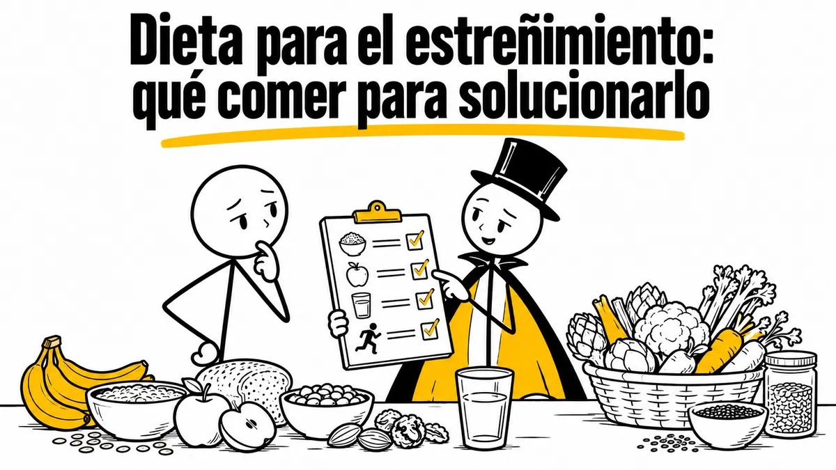 Ilustración sobre «Dieta para el estreñimiento: qué comer para solucionarlo» con el personaje de sombrero de copa y capa.