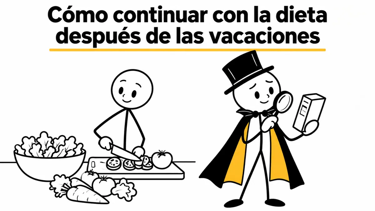 Cómo continuar con la dieta después de las vacaciones. Ilustración con monigotes de trazos finos y el protagonista con capa y sombrero.