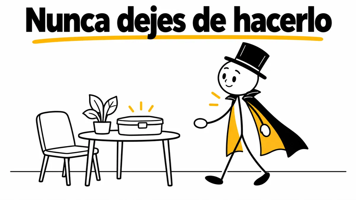 Nunca dejes de hacerlo. Ilustración con monigotes de trazos finos y el protagonista con capa y sombrero.