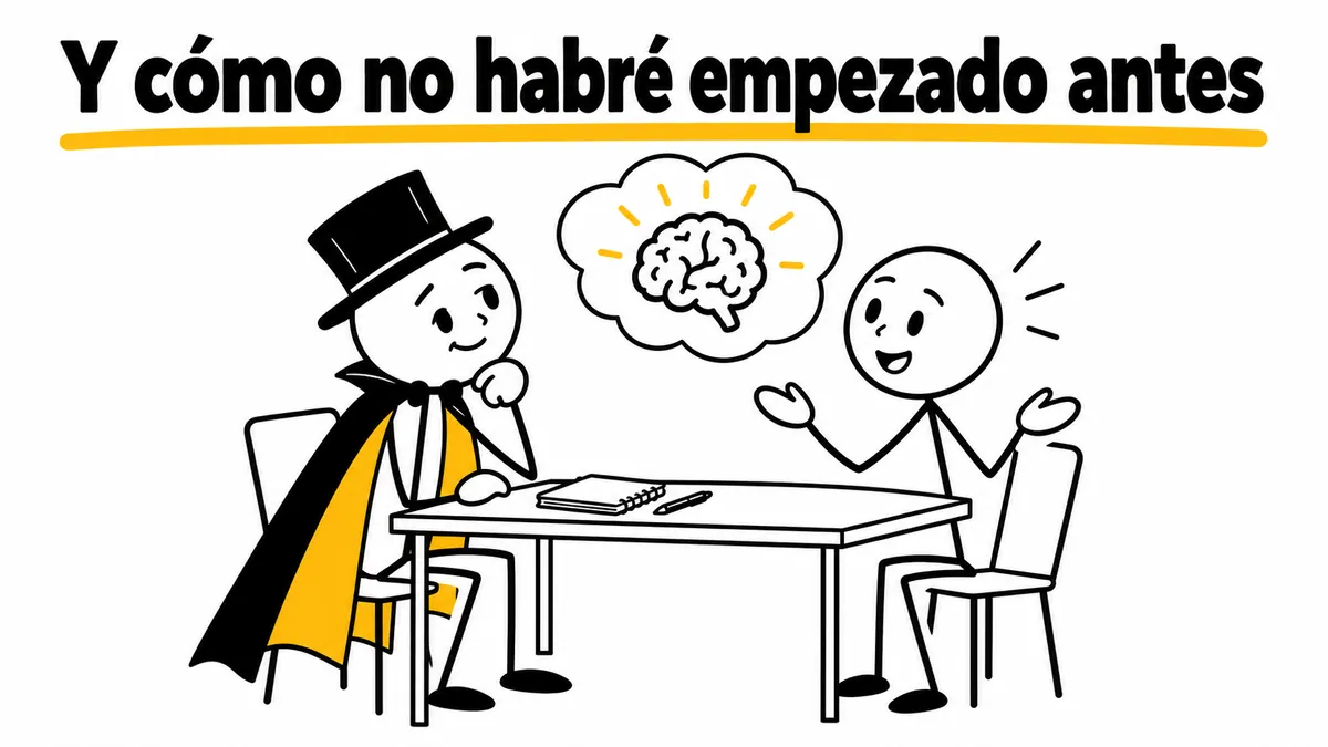 Y cómo no habré empezado antes. Ilustración con monigotes de trazos finos y el protagonista con capa y sombrero.