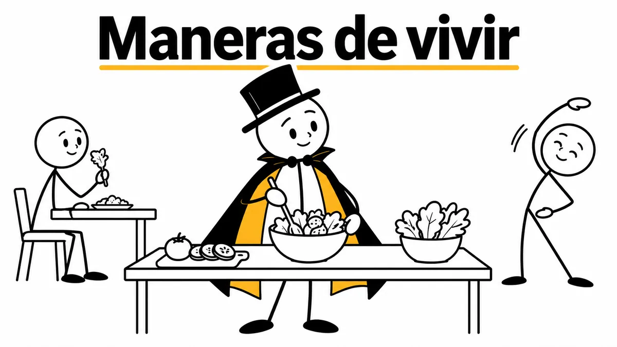 Maneras de vivir. Ilustración con monigotes de trazos finos y el protagonista con capa y sombrero.