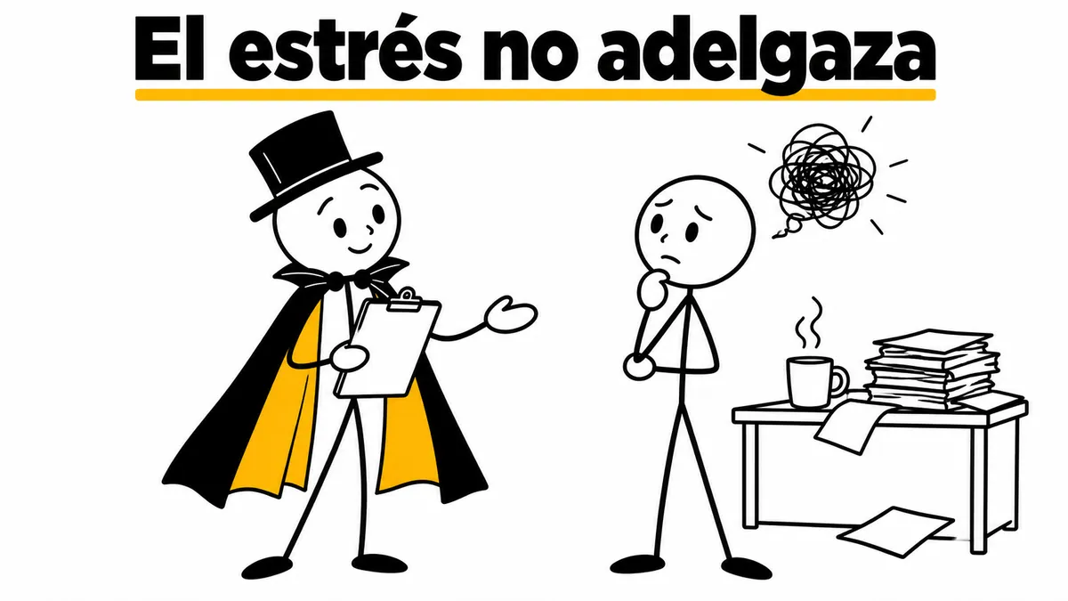 El estrés no adelgaza. Ilustración con monigotes de trazos finos y el protagonista con capa y sombrero.