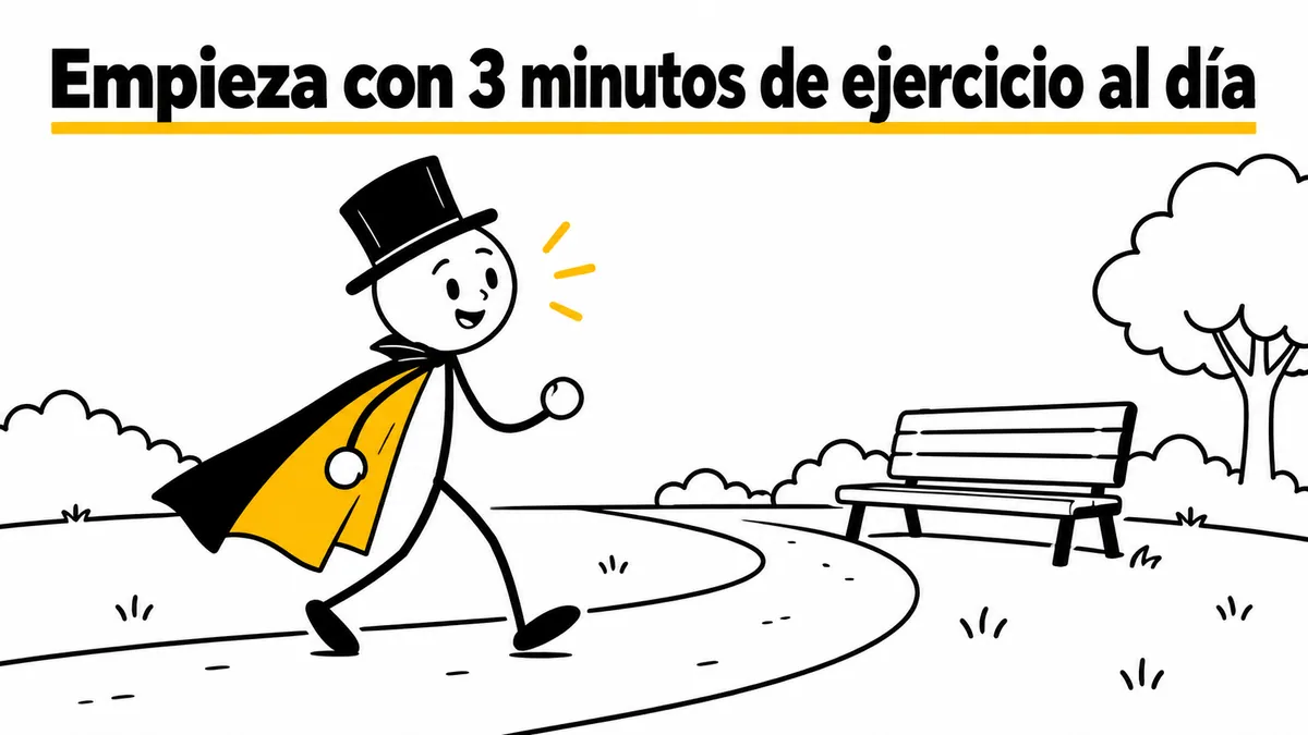 Empieza con 3 minutos de ejercicio al día. Ilustración con monigotes de trazos finos y el protagonista con capa y sombrero.
