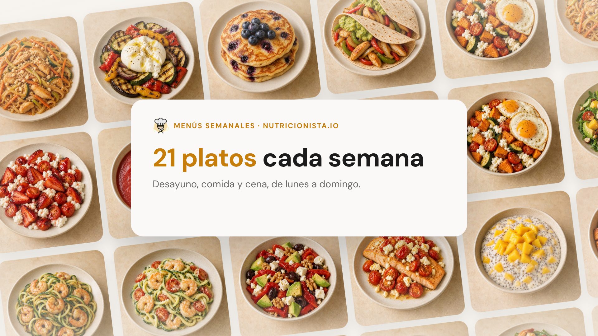 Mosaico con fotos de los platos de los menús semanales: ensaladas, bowls, pescado, pasta y desayunos.